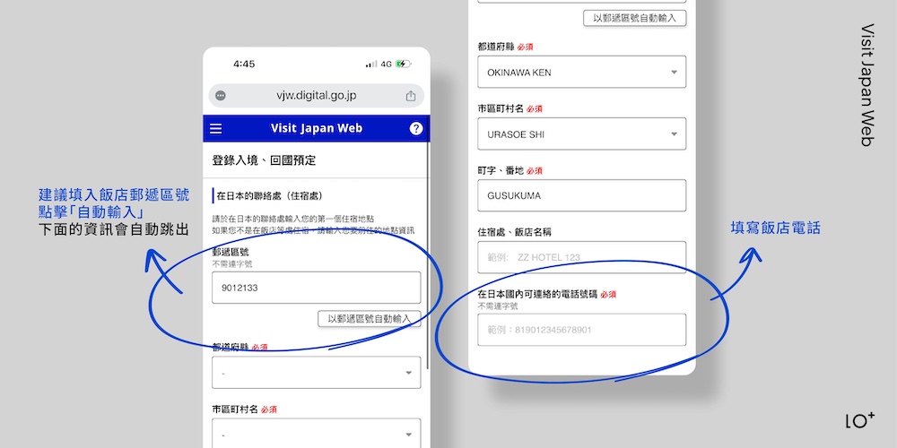 填寫在日聯絡資料時,推薦輸入飯店郵遞區號後,點擊自動輸入,下方的地址資訊皆會自動輸入;電話填寫飯店聯繫電話即可